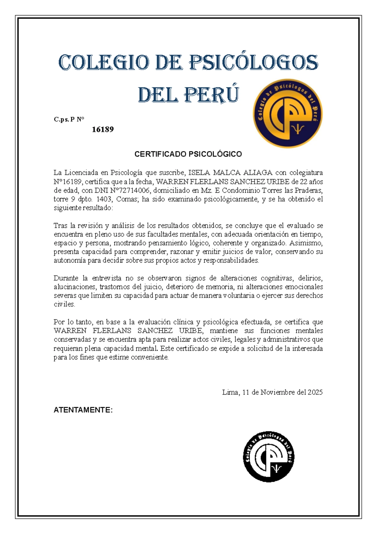 neuro DNI, evaluación cognitiva